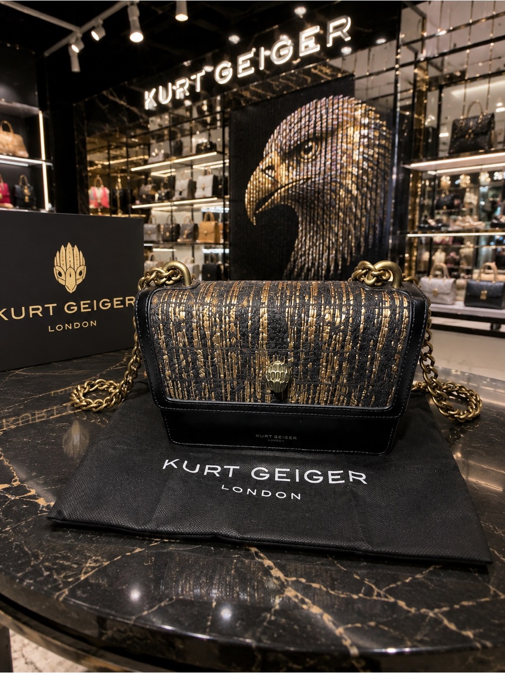 Kurt Geiger Black and Gold Textured Chain Crossbody Bag